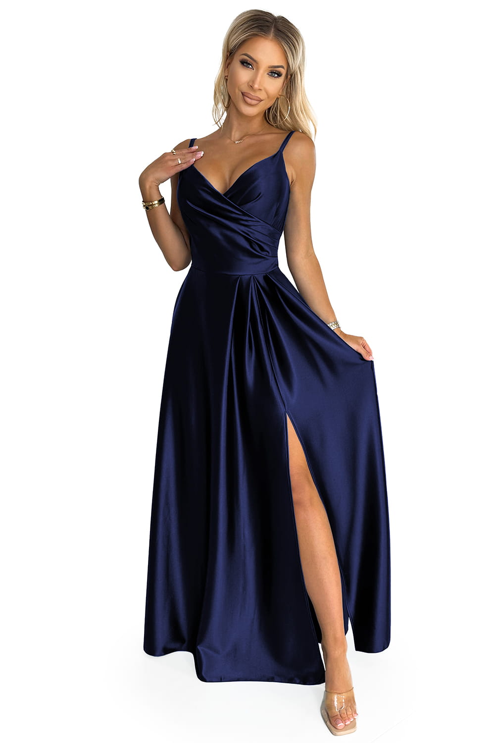 49705299-12 CHIARA elegancka maxi długa satynowa suknia na ramiączkach - GRANATOWA-7