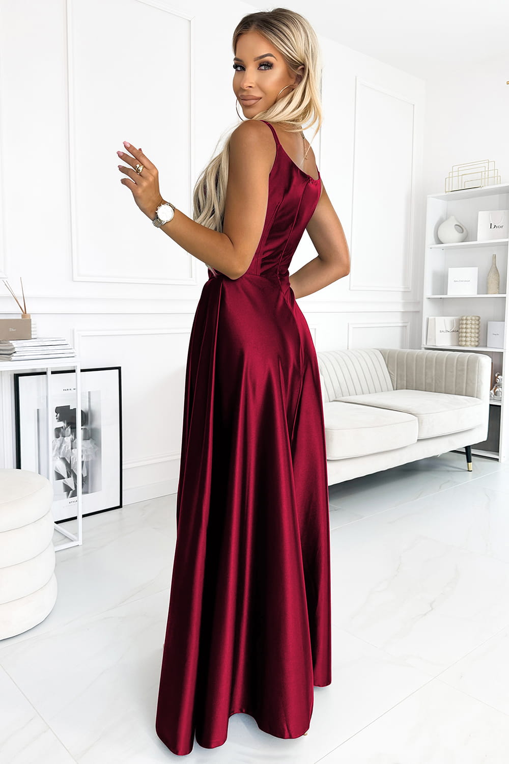 49978299-13 CHIARA elegancka maxi długa satynowa suknia na ramiączkach - BORDOWA-3