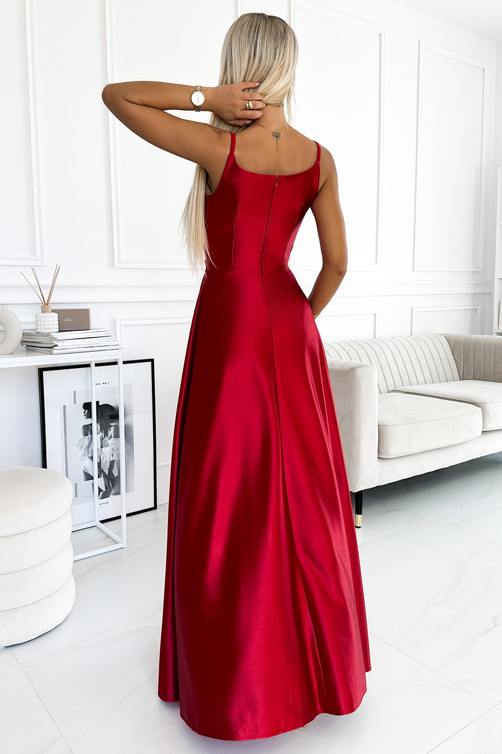 50079299-14 CHIARA elegancka maxi długa satynowa suknia na ramiączkach - CZERWONA-3