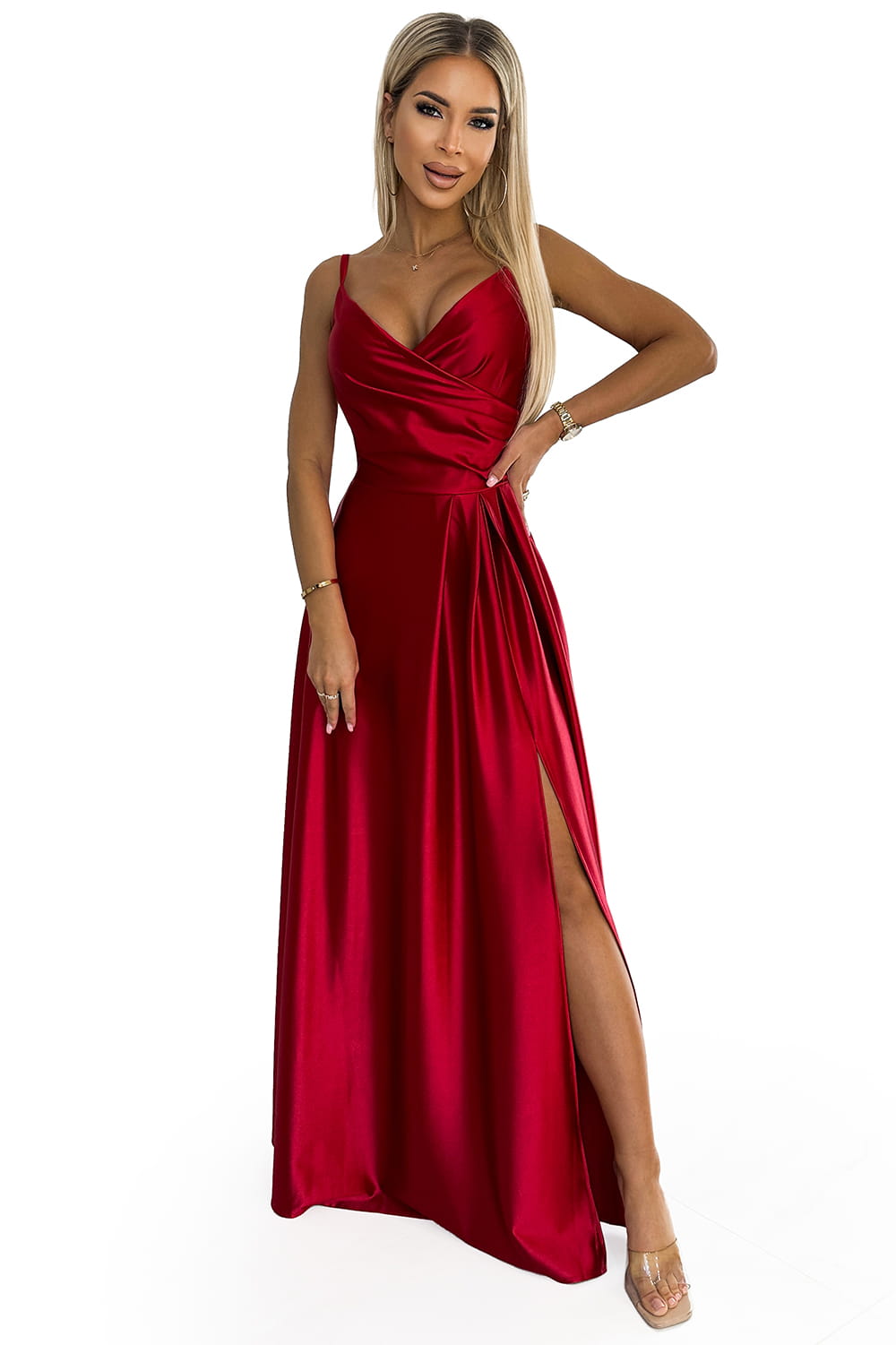 50079299-14 CHIARA elegancka maxi długa satynowa suknia na ramiączkach - CZERWONA-7