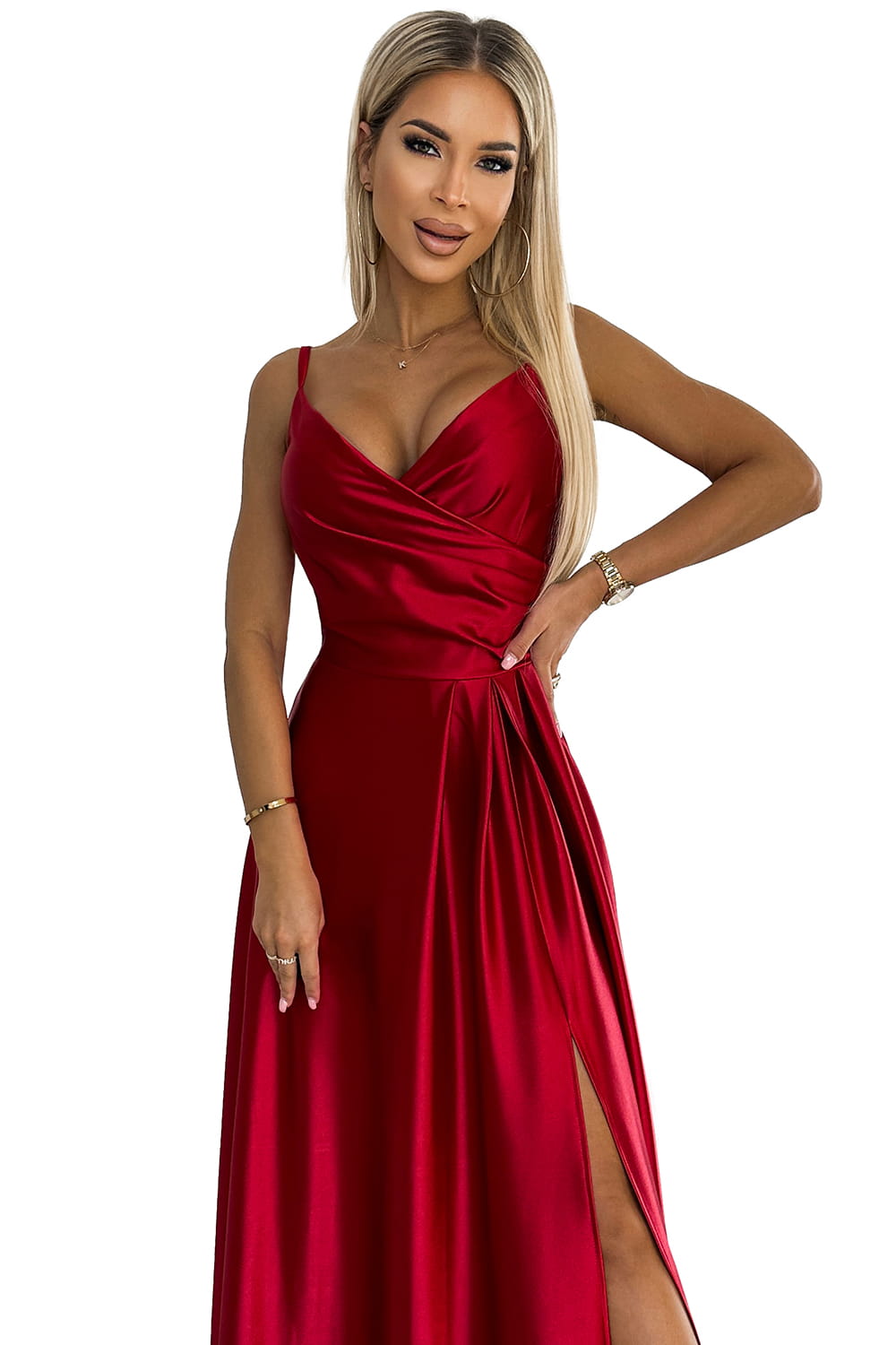 50079299-14 CHIARA elegancka maxi długa satynowa suknia na ramiączkach - CZERWONA-8