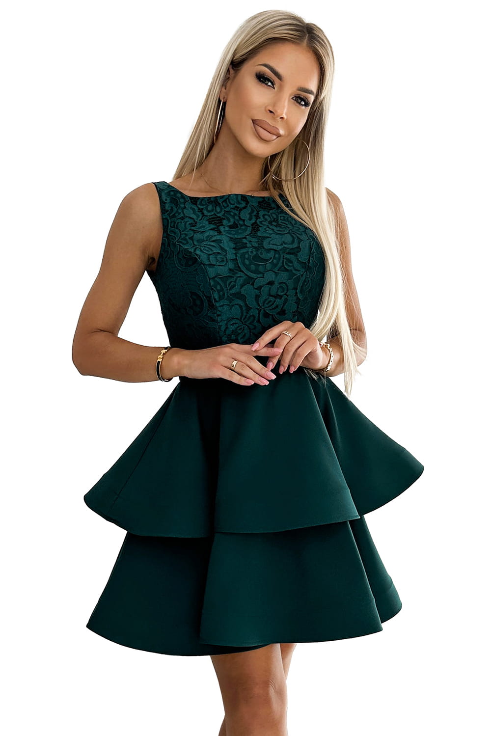 51153205-4 LAURA podwójnie rozkloszowana sukienka z koronkową górą - ZIELEŃ BUTELKOWA-7
