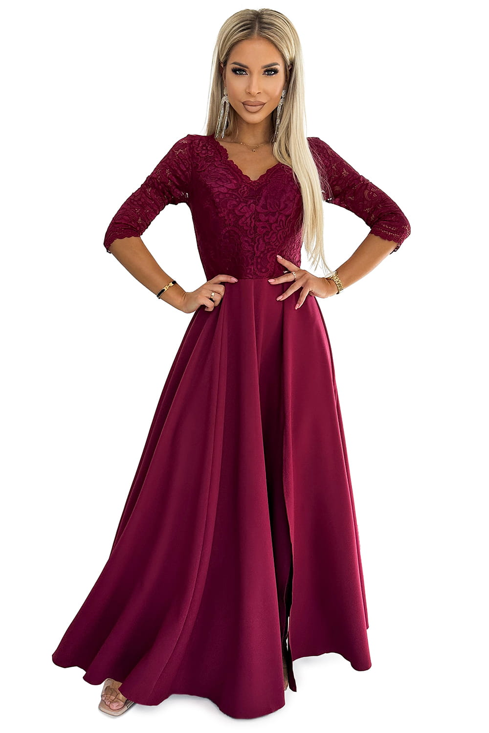 51612309-9 AMBER elegancka długa suknia maxi z koronkowym dekoltem - BORDOWA-7