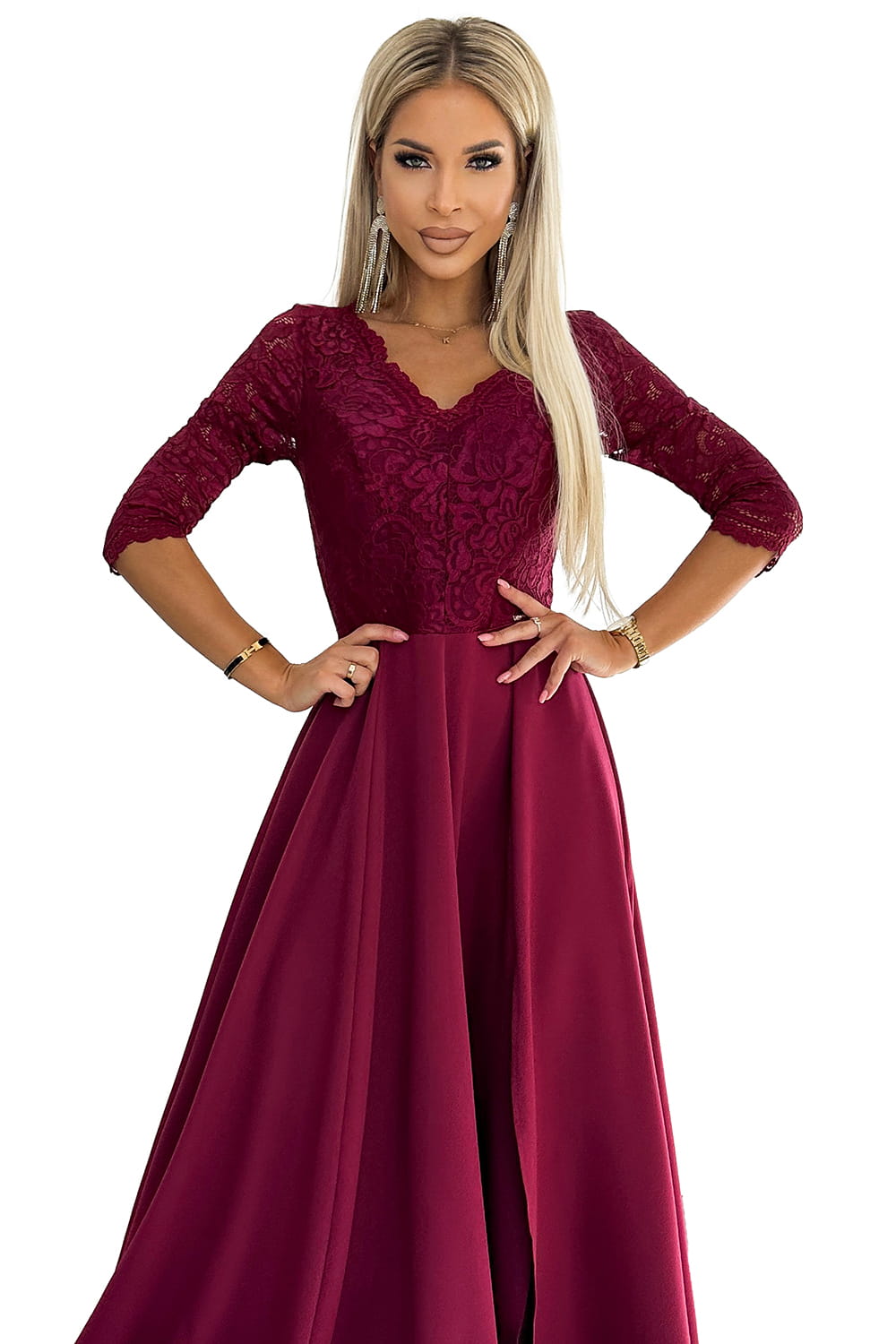 51612309-9 AMBER elegancka długa suknia maxi z koronkowym dekoltem - BORDOWA-8
