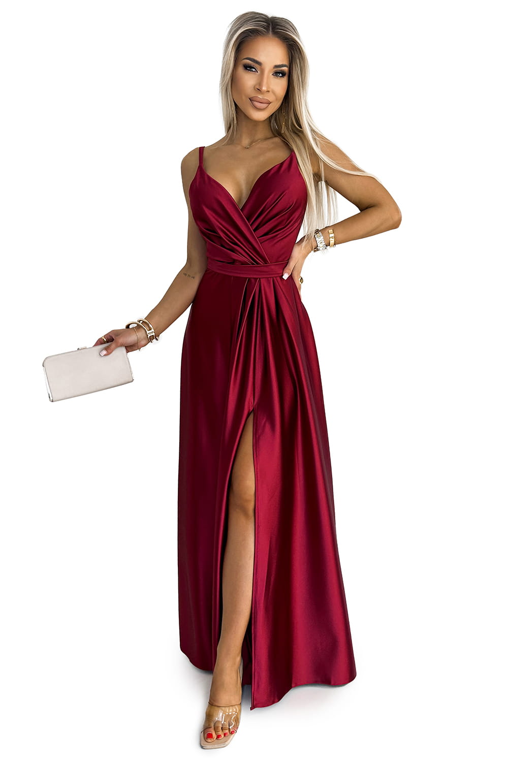 56055512-6 JULIET elegancka długa satynowa suknia z dekoltem i rozcięciem na nogę  - BORDOWA-7