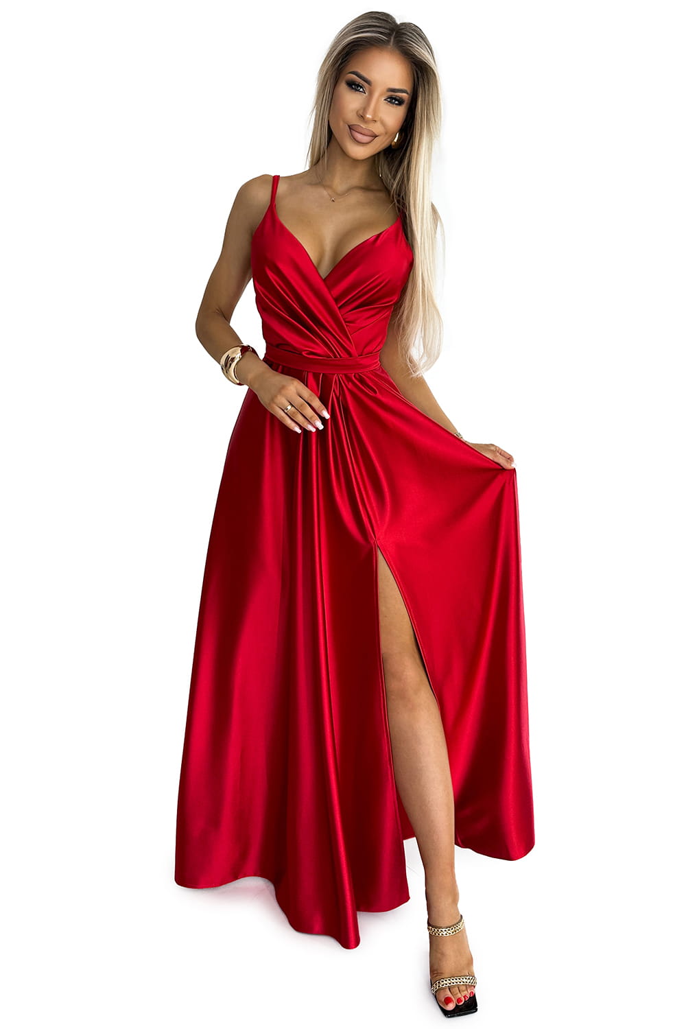 56079512-5 JULIET elegancka długa satynowa suknia z dekoltem i rozcięciem na nogę  - CZERWONA-9