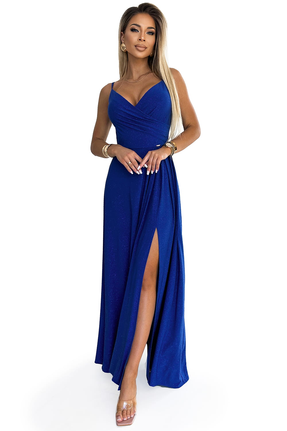 58322299-17 CHIARA elegancka maxi długa suknia na ramiączkach - CHABROWA Z BROKATEM-9