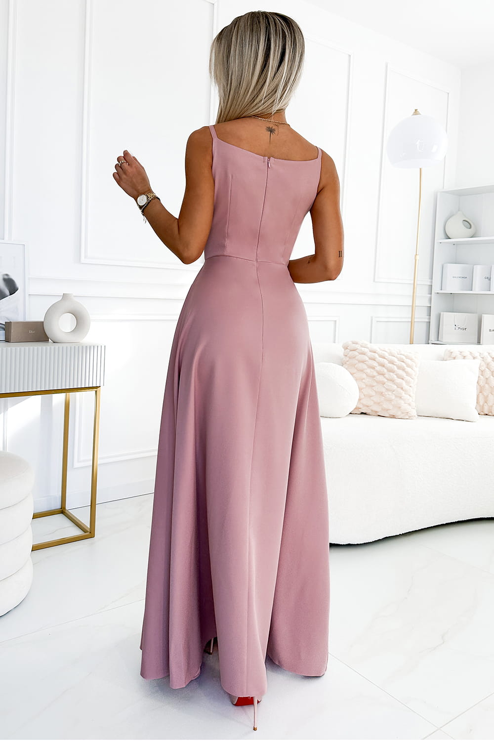 58859299-16 CHIARA elegancka maxi długa suknia na ramiączkach - BRUDNY RÓŻ-3