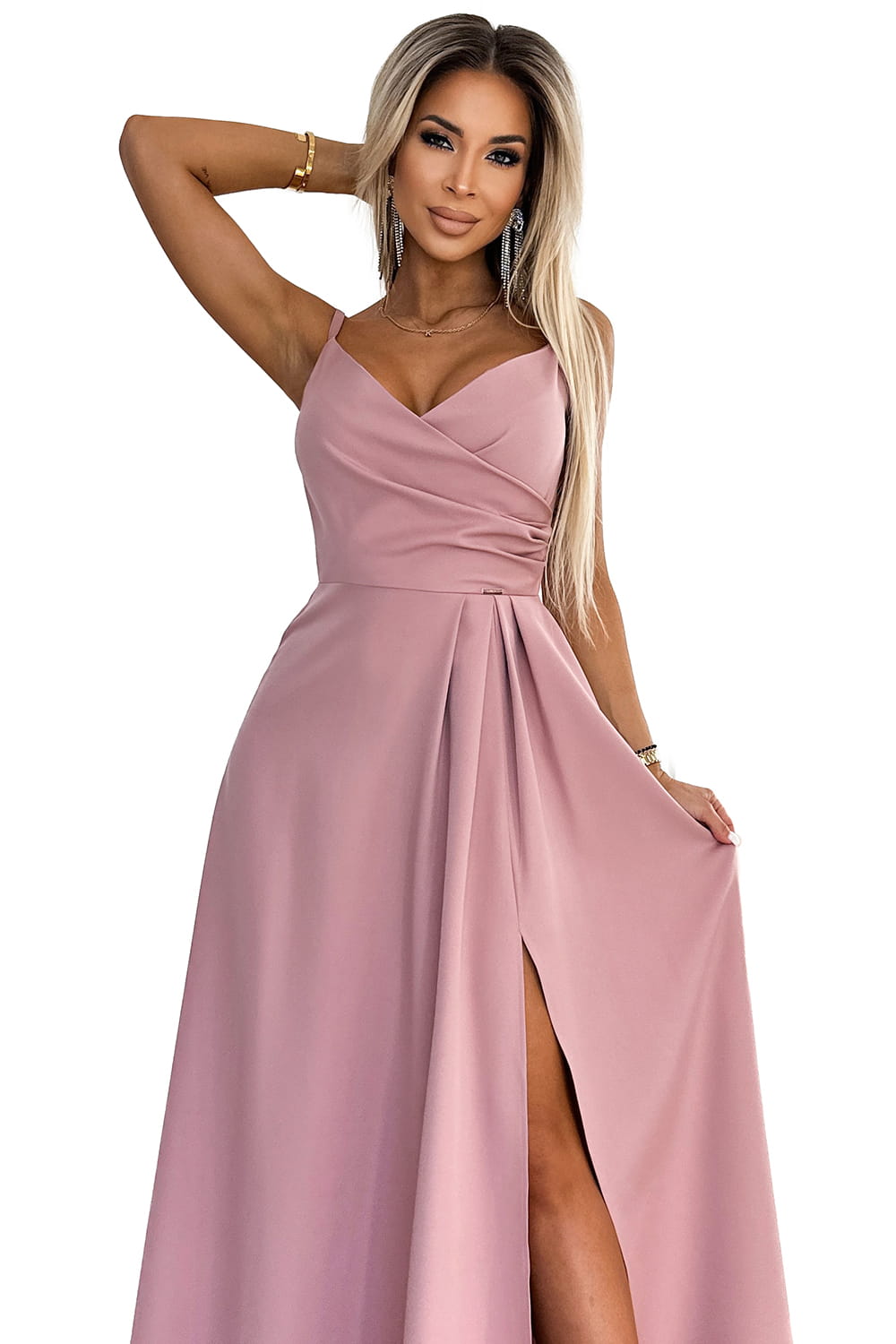 58859299-16 CHIARA elegancka maxi długa suknia na ramiączkach - BRUDNY RÓŻ-8