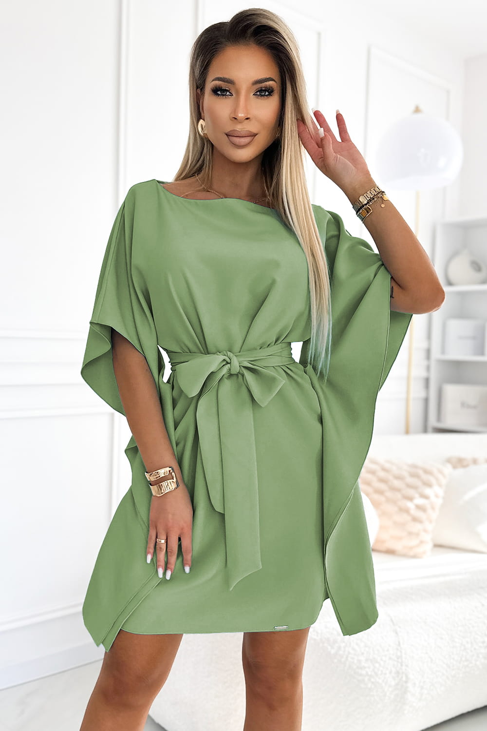 59296287-27 SOFIA Sukienka motyl z wiązaniem w pasie - OLIWKA-3