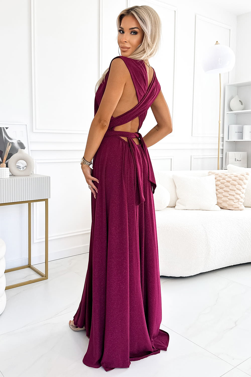 59600509-3 Elegancka długa suknia wiązana na wiele sposobów - BORDOWA z brokatem-3