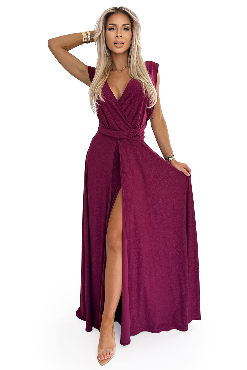 59600509-3 Elegancka długa suknia wiązana na wiele sposobów - BORDOWA z brokatem-7