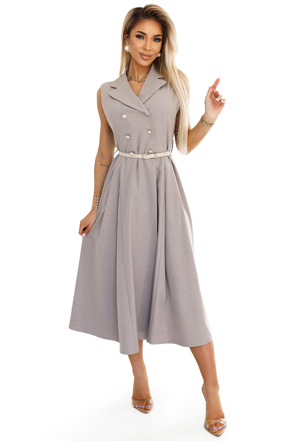 67257596-2 Elegancka szmizjerka midi ze złotymi guzikami i paskiem - SZARY BEŻ-7