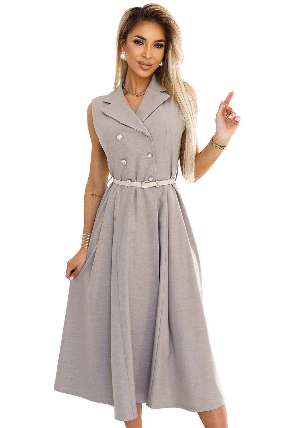 67257596-2 Elegancka szmizjerka midi ze złotymi guzikami i paskiem - SZARY BEŻ-8